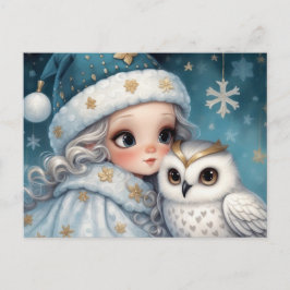 Postal Festiva Niña pequeña abraza a una lechuza blanca