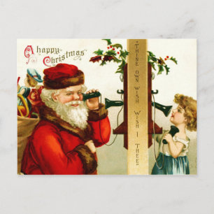 Postal Festiva Niña pequeña al teléfono con Santa Claus
