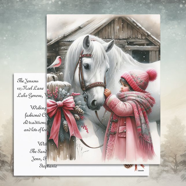 Postal Festiva Niña pequeña y sus Navidades del caballo (Subido por el creador)