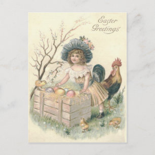 Postal Festiva Niña Pollito de Pascua Gallo Huevo de Colores