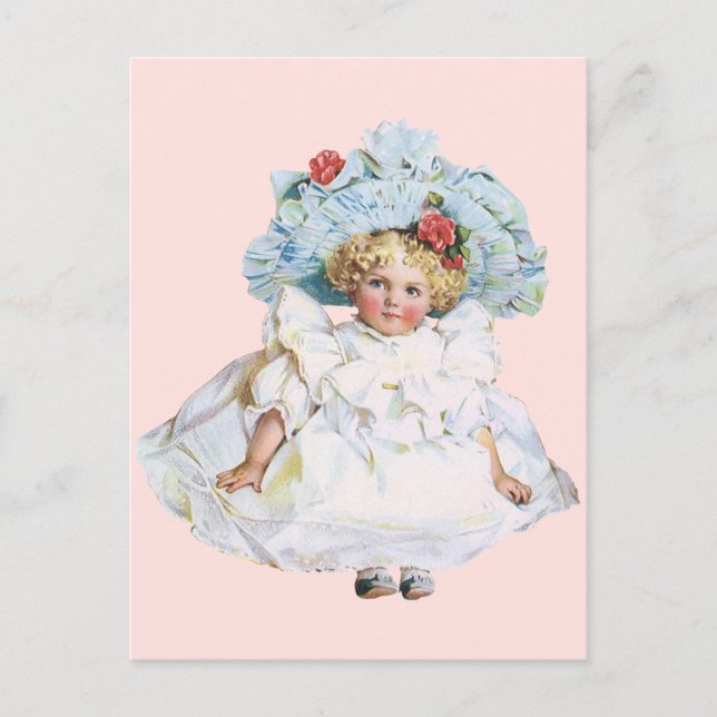 Postal Festiva Niña victoriana de época, Gorra de Vestir Pascua (Anverso)