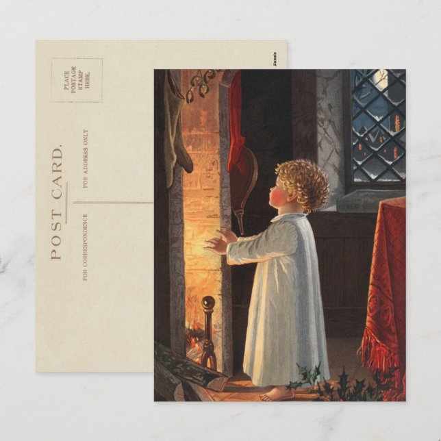 Postal Festiva Niña virgen por Navidades de la chimenea (Anverso / Reverso)