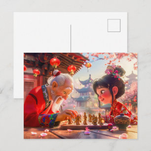 Postal Festiva Niña y abuelo jugando ajedrez moderno