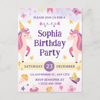 Postal Festiva Niñas Lindo Unicornio Morado Infantil Cumpleaños 1