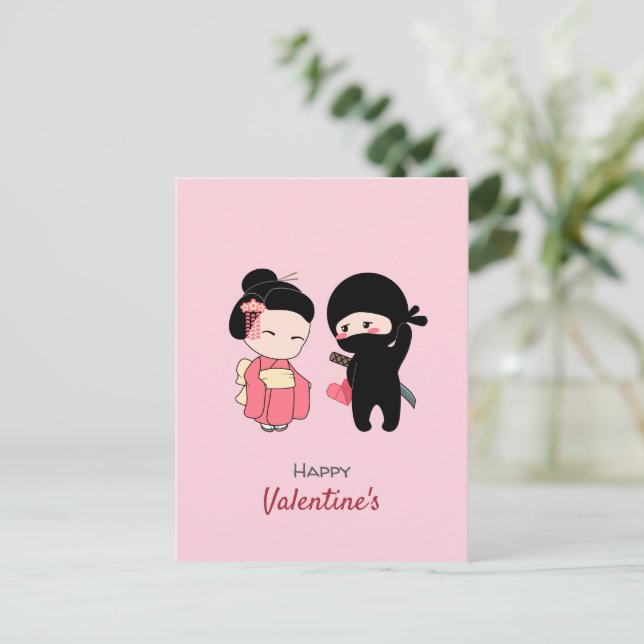 Postal Festiva Ninja y Geisha Feliz San Valentín rosa