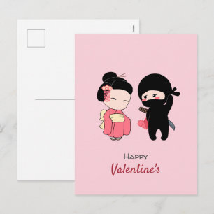 Postal Festiva Ninja y Geisha Feliz San Valentín rosa