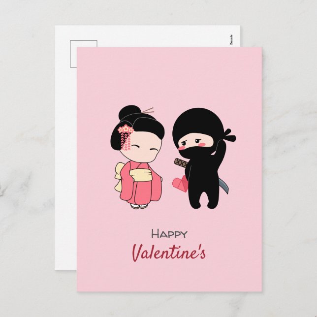 Postal Festiva Ninja y Geisha Feliz San Valentín rosa (Anverso / Reverso)