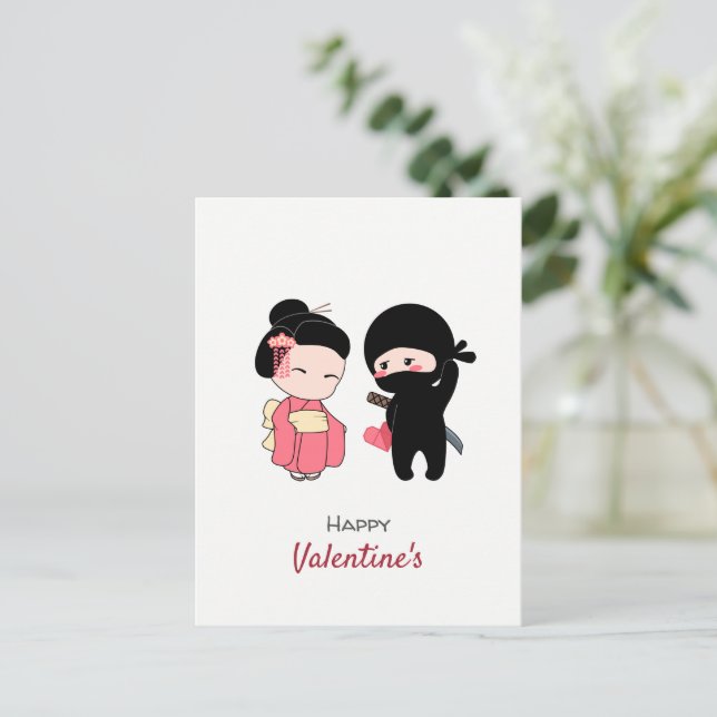 Postal Festiva Ninja y Geisha Feliz Valentine (Anverso de pie)