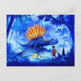 Postal Festiva Niño animado fotografiando dinosaurio pantanoso