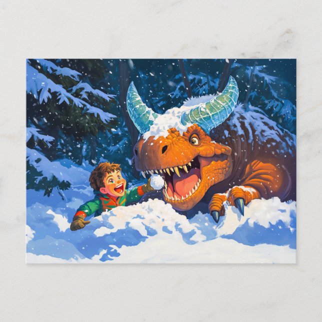 Postal Festiva Niño animado jugando día de nieve con dinosaurios (Anverso)