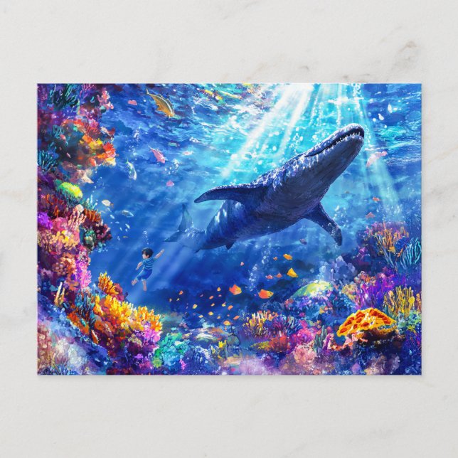 Postal Festiva Niño animado nadando con arrecife de Liopleurodon (Anverso)