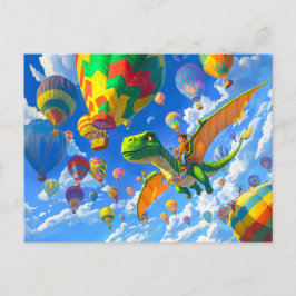 Postal Festiva Niño animado volando dragón de dinosaurios y globo