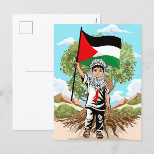 Postal Festiva Niño con bandera palestina de Keffiyeh y olivo