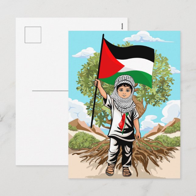 Postal Festiva Niño con bandera palestina de Keffiyeh y olivo (Anverso / Reverso)