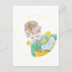 Postal Festiva Niño Con Daffodils
