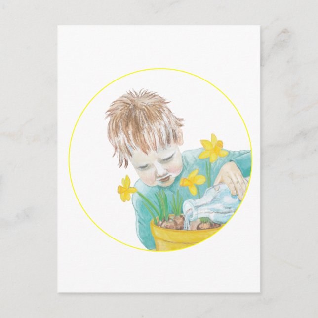 Postal Festiva Niño Con Daffodils (Anverso)