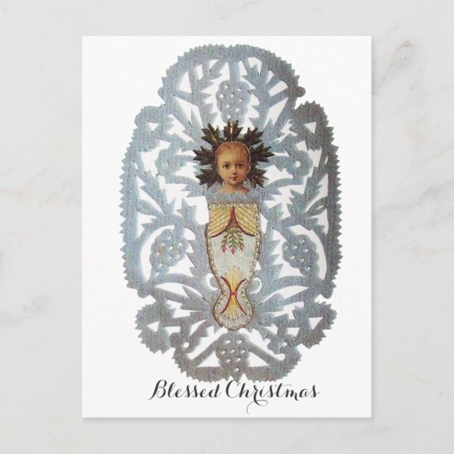 Postal Festiva Niño Jesús, Navidades antiguos tallando papel (Anverso)
