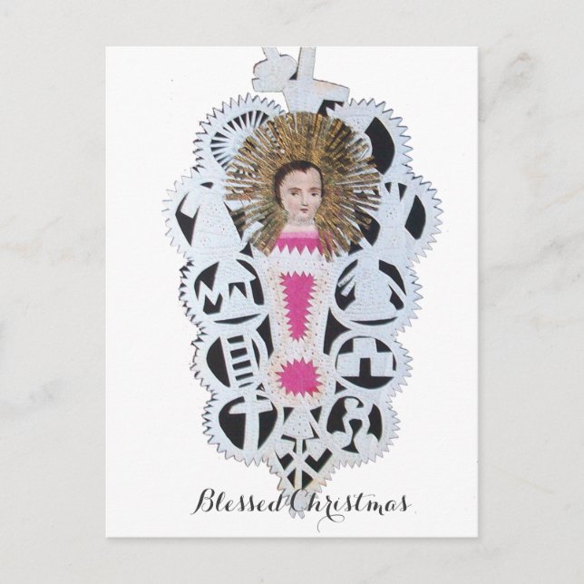 Postal Festiva Niño Jesús, Navidades antiguos tallando papel (Anverso)