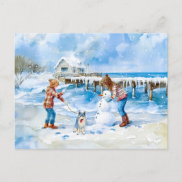 Postal Festiva Niño niña y perro jugando en acuarela de playa de 