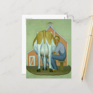 Postal Festiva Niño ordeñando una vaca de Grant Wood