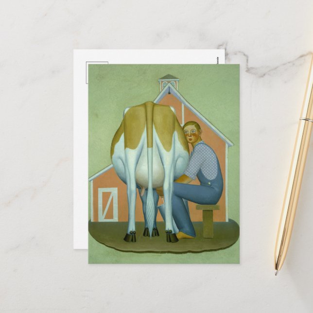 Postal Festiva Niño ordeñando una vaca de Grant Wood (Anverso/Reverso In Situ)