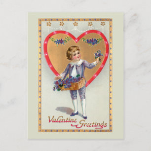 Postal Festiva Niño victoriano con Valentine Heart y Lilacs