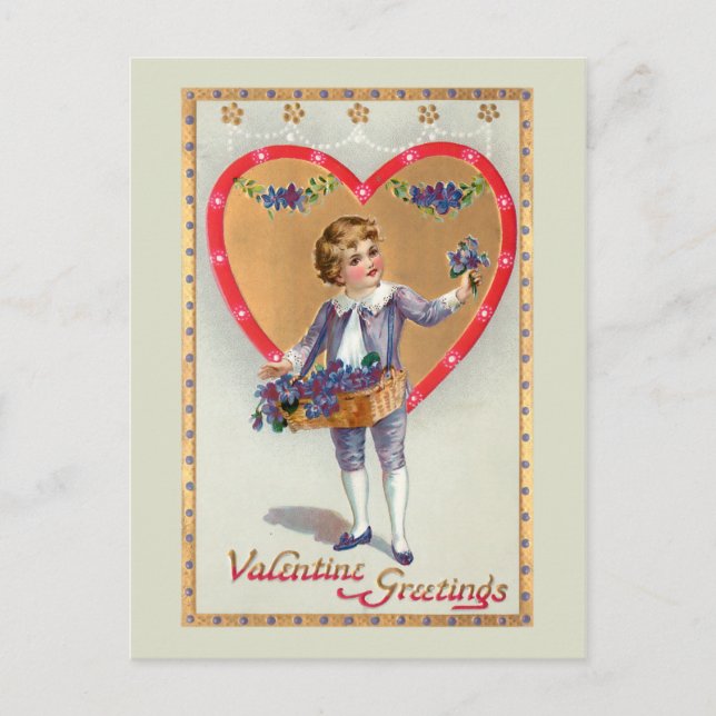 Postal Festiva Niño victoriano con Valentine Heart y Lilacs (Anverso)