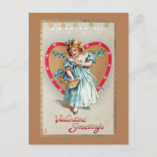 Postal Festiva Niño vintage con corazón de San Valentín (Anverso)