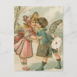 Postal Festiva Niño y Chica cupido en San Valentín rosa