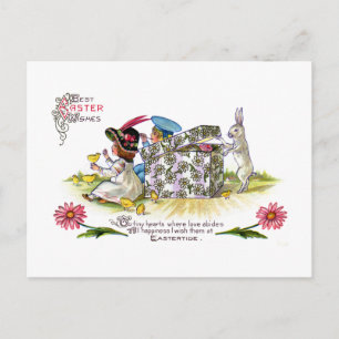 Postal Festiva Niños, chichas y curioso conejo venado Pascua