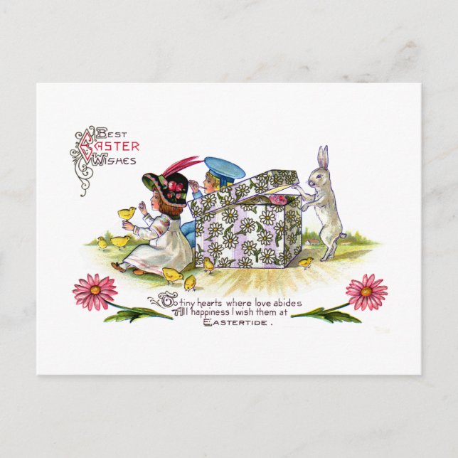 Postal Festiva Niños, chichas y curioso conejo venado Pascua (Anverso)