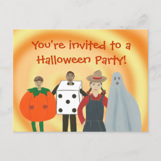 Postal Festiva Niños con disfraces, fiesta de Halloween invitan p