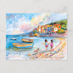 Postal Festiva Niños con perros en las aguas de la playa mediterr