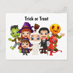 Postal Festiva Niños de Halloween con trucos o trucos