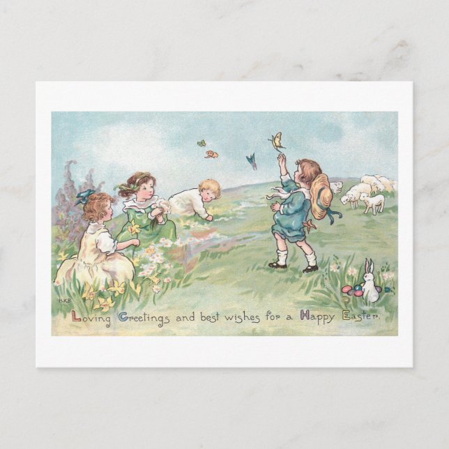 Postal Festiva Niños de la época con lambres y confituras de Pasc (Anverso)