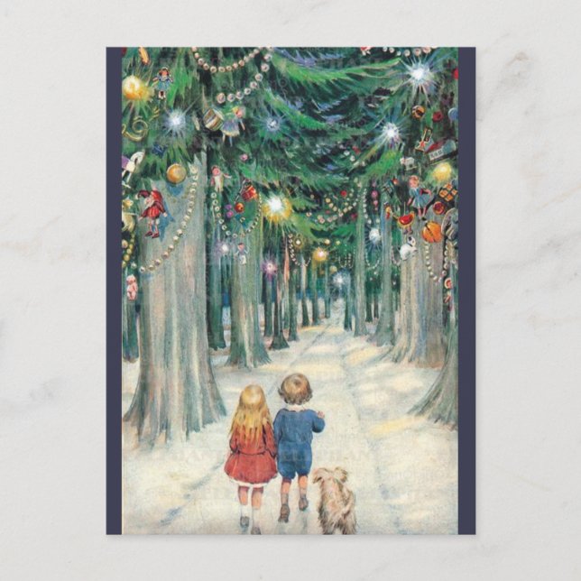 Postal Festiva Niños de la época de la virgen caminando por árbol (Anverso)