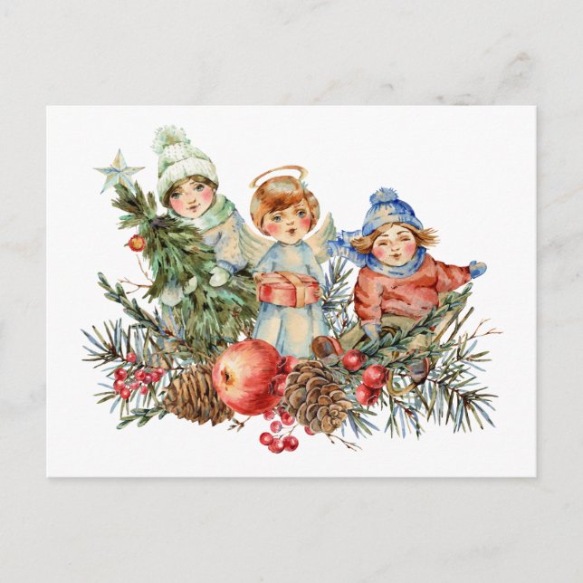 Postal Festiva Niños de la época y el ángel de los Navidades (Anverso)