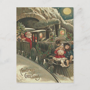 Postal Festiva Niños de la guirnalda del acebo del tren de Papá