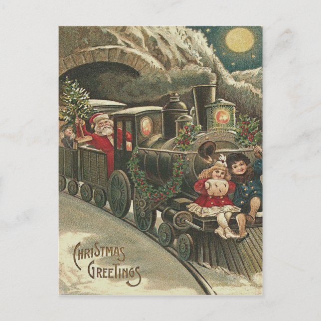 Postal Festiva Niños de la guirnalda del acebo del tren de Papá (Anverso)