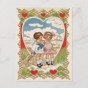 Postal Festiva Niños Día de San Valentín victorianos de época en 