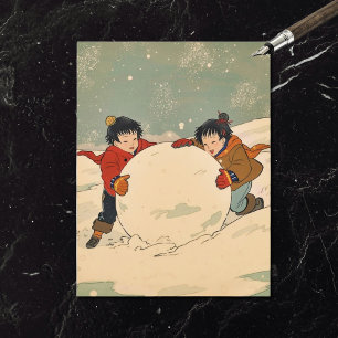 Postal Festiva Niños japoneses rodando una gran bola de nieve