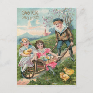 Postal Festiva Niños Lindos Pollito de Pascua Huevo Coloreado