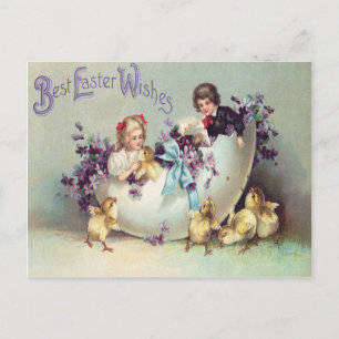 Postal Festiva Niños Pascua Pollito Huevo Violetas