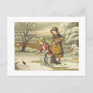 Postal Festiva Niños Victorianos de Invierno Alimentando un Petir