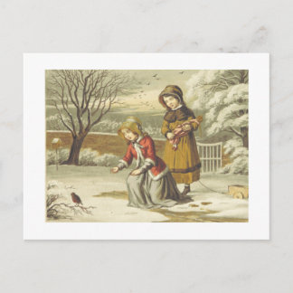 Postal Festiva Niños Victorianos de Invierno Alimentando un Petir