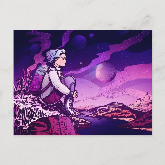 Postal Festiva Noche azul del astronauta del chica del pelo (Anverso)