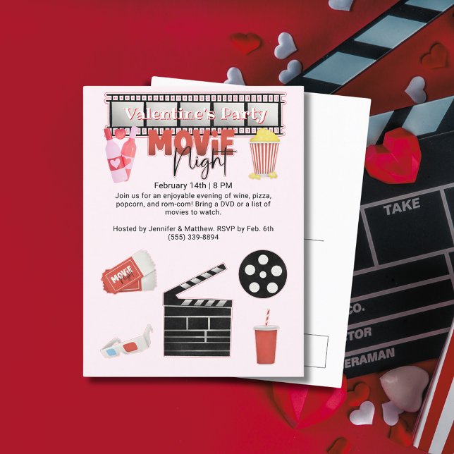 Postal Festiva Noche de cine Fiesta de San Valentín (Valentine's Party Movie Night Holiday Postcard)
