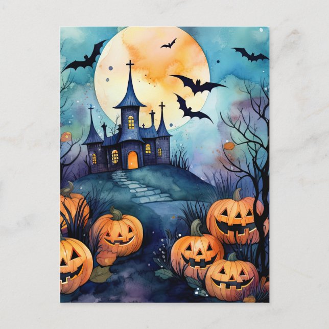 Postal Festiva Noche de Halloween Jack O’Lanterns Bats Postcard (Anverso)