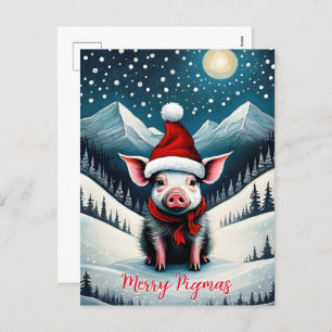 Postal Festiva Noche de nieve Lechón lindo Navidades de cereza de
