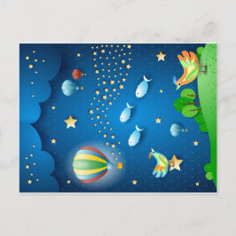 Postal Festiva Noche surrealista con globos y ola de estrellas